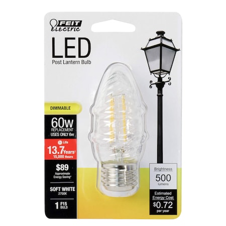 Feit Electric Feit F15 E26 (Medium) Post Lantern LED Bulb Soft White 60 Watt Equivalence 1 pk BPF1560827FILED